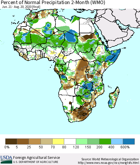 Africa Percent of Normal Precipitation 2-Month (WMO) Thematic Map For 6/21/2020 - 8/20/2020