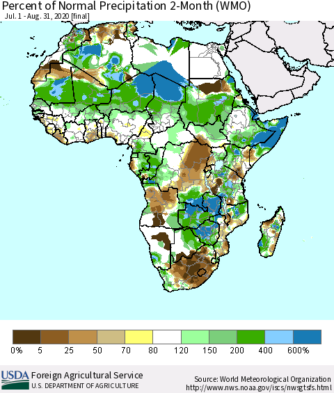 Africa Percent of Normal Precipitation 2-Month (WMO) Thematic Map For 7/1/2020 - 8/31/2020
