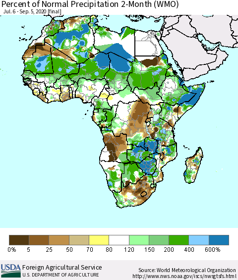 Africa Percent of Normal Precipitation 2-Month (WMO) Thematic Map For 7/6/2020 - 9/5/2020