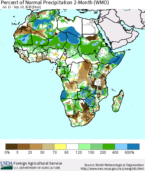 Africa Percent of Normal Precipitation 2-Month (WMO) Thematic Map For 7/11/2020 - 9/10/2020