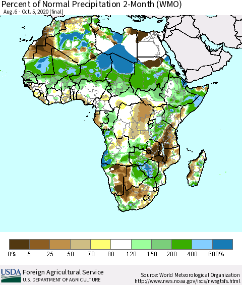 Africa Percent of Normal Precipitation 2-Month (WMO) Thematic Map For 8/6/2020 - 10/5/2020