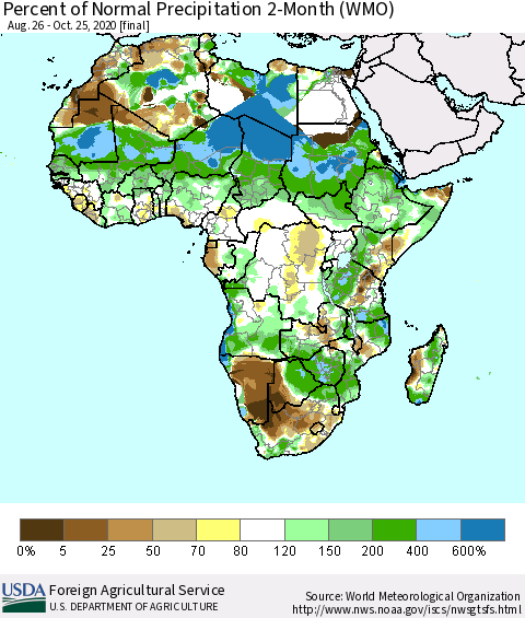 Africa Percent of Normal Precipitation 2-Month (WMO) Thematic Map For 8/26/2020 - 10/25/2020