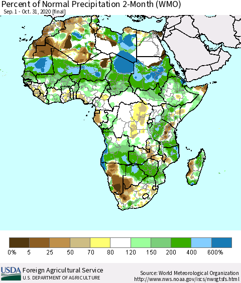 Africa Percent of Normal Precipitation 2-Month (WMO) Thematic Map For 9/1/2020 - 10/31/2020