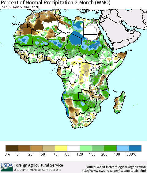 Africa Percent of Normal Precipitation 2-Month (WMO) Thematic Map For 9/6/2020 - 11/5/2020