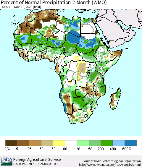 Africa Percent of Normal Precipitation 2-Month (WMO) Thematic Map For 9/11/2020 - 11/10/2020