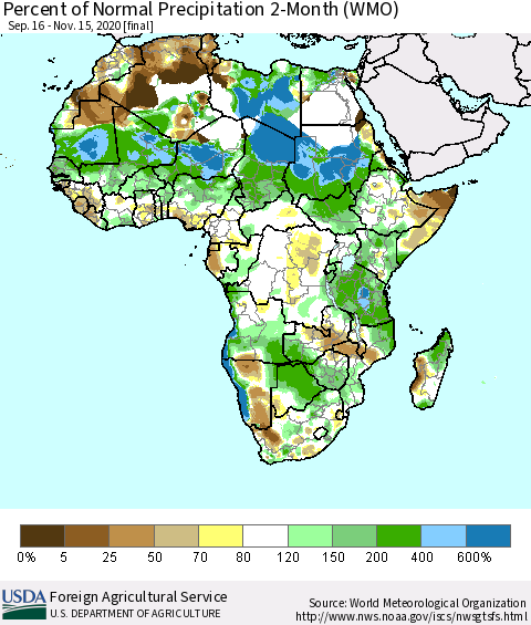Africa Percent of Normal Precipitation 2-Month (WMO) Thematic Map For 9/16/2020 - 11/15/2020