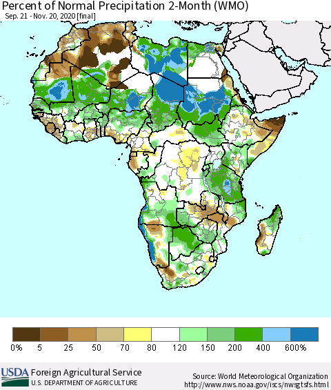 Africa Percent of Normal Precipitation 2-Month (WMO) Thematic Map For 9/21/2020 - 11/20/2020