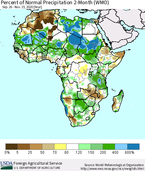 Africa Percent of Normal Precipitation 2-Month (WMO) Thematic Map For 9/26/2020 - 11/25/2020