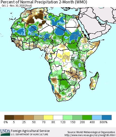 Africa Percent of Normal Precipitation 2-Month (WMO) Thematic Map For 10/1/2020 - 11/30/2020