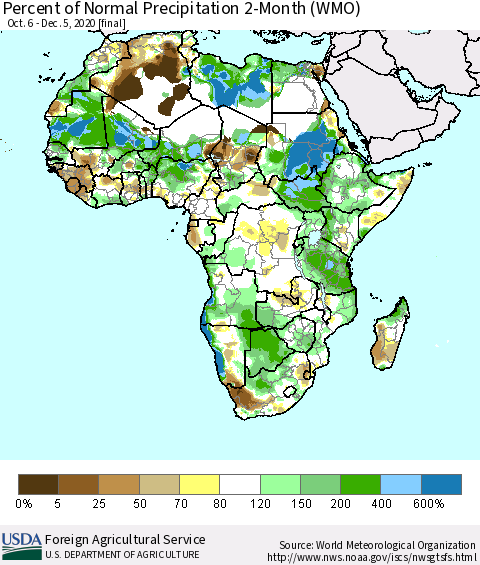 Africa Percent of Normal Precipitation 2-Month (WMO) Thematic Map For 10/6/2020 - 12/5/2020