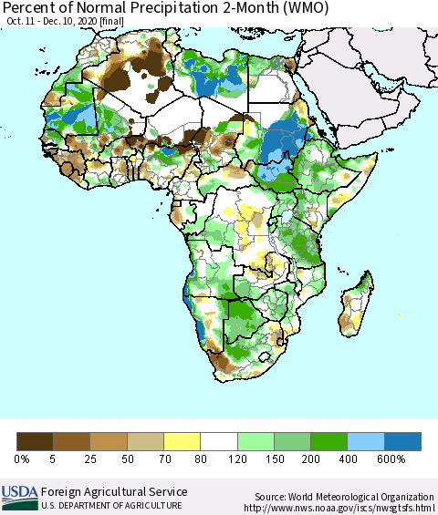Africa Percent of Normal Precipitation 2-Month (WMO) Thematic Map For 10/11/2020 - 12/10/2020