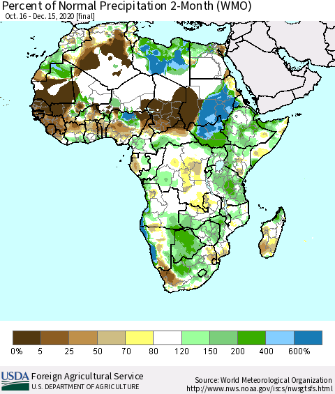 Africa Percent of Normal Precipitation 2-Month (WMO) Thematic Map For 10/16/2020 - 12/15/2020