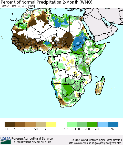 Africa Percent of Normal Precipitation 2-Month (WMO) Thematic Map For 10/21/2020 - 12/20/2020