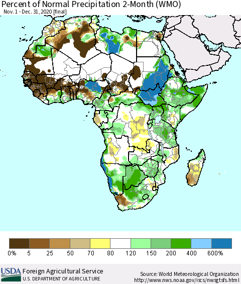 Africa Percent of Normal Precipitation 2-Month (WMO) Thematic Map For 11/1/2020 - 12/31/2020