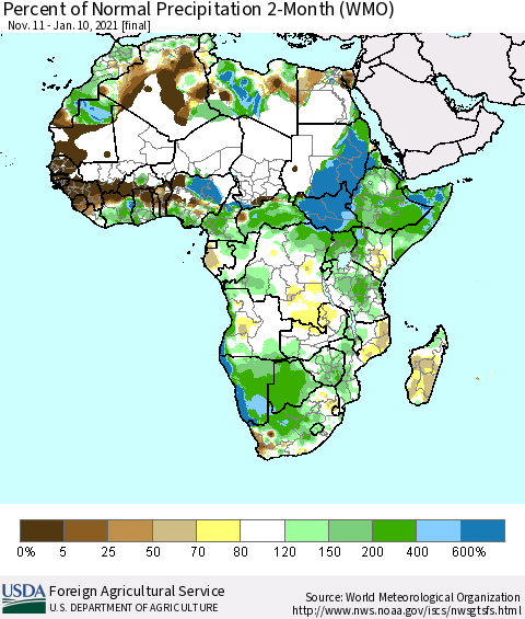 Africa Percent of Normal Precipitation 2-Month (WMO) Thematic Map For 11/11/2020 - 1/10/2021