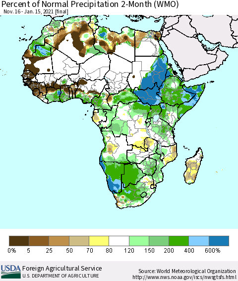 Africa Percent of Normal Precipitation 2-Month (WMO) Thematic Map For 11/16/2020 - 1/15/2021