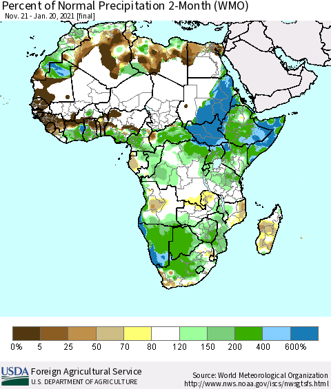 Africa Percent of Normal Precipitation 2-Month (WMO) Thematic Map For 11/21/2020 - 1/20/2021