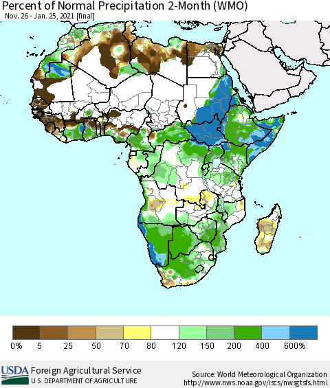 Africa Percent of Normal Precipitation 2-Month (WMO) Thematic Map For 11/26/2020 - 1/25/2021