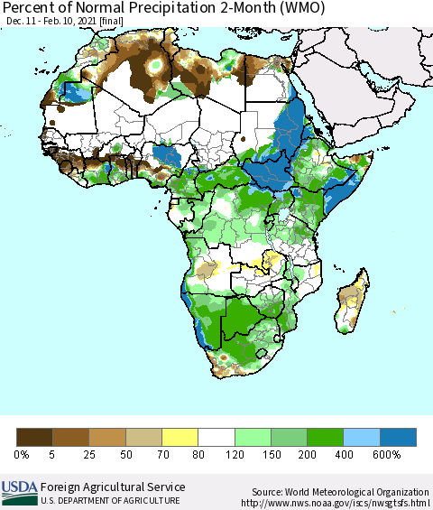 Africa Percent of Normal Precipitation 2-Month (WMO) Thematic Map For 12/11/2020 - 2/10/2021
