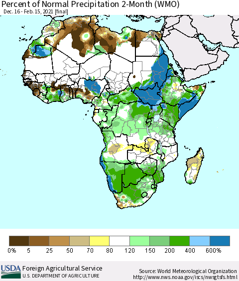 Africa Percent of Normal Precipitation 2-Month (WMO) Thematic Map For 12/16/2020 - 2/15/2021