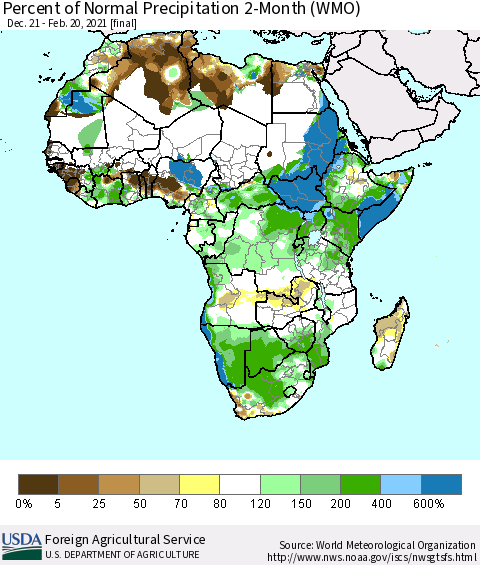 Africa Percent of Normal Precipitation 2-Month (WMO) Thematic Map For 12/21/2020 - 2/20/2021