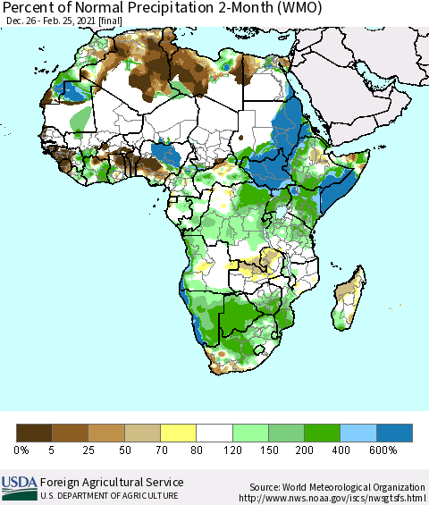 Africa Percent of Normal Precipitation 2-Month (WMO) Thematic Map For 12/26/2020 - 2/25/2021