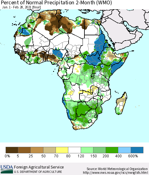 Africa Percent of Normal Precipitation 2-Month (WMO) Thematic Map For 1/1/2021 - 2/28/2021