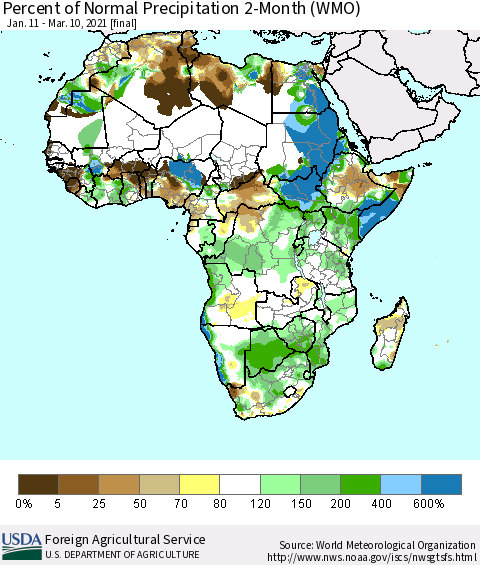 Africa Percent of Normal Precipitation 2-Month (WMO) Thematic Map For 1/11/2021 - 3/10/2021