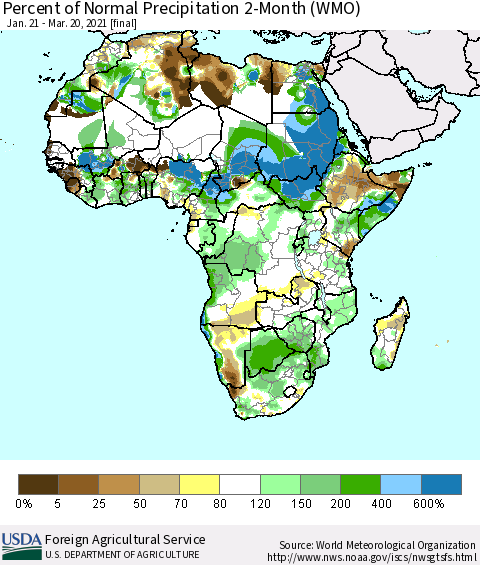 Africa Percent of Normal Precipitation 2-Month (WMO) Thematic Map For 1/21/2021 - 3/20/2021