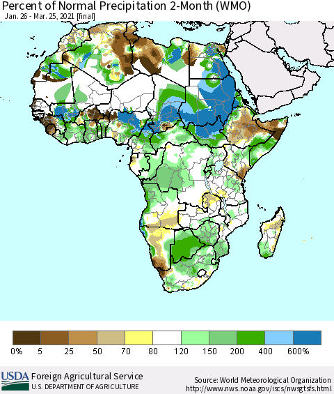 Africa Percent of Normal Precipitation 2-Month (WMO) Thematic Map For 1/26/2021 - 3/25/2021