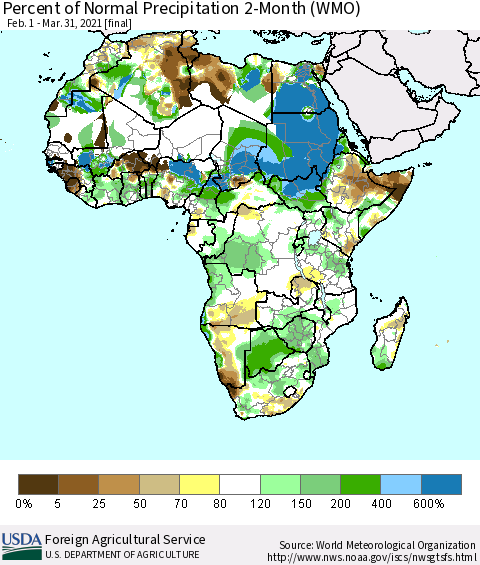 Africa Percent of Normal Precipitation 2-Month (WMO) Thematic Map For 2/1/2021 - 3/31/2021