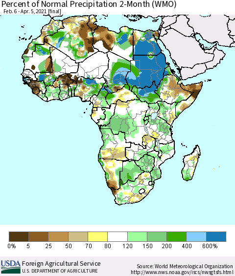 Africa Percent of Normal Precipitation 2-Month (WMO) Thematic Map For 2/6/2021 - 4/5/2021