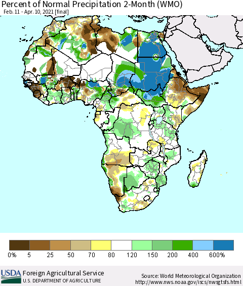 Africa Percent of Normal Precipitation 2-Month (WMO) Thematic Map For 2/11/2021 - 4/10/2021
