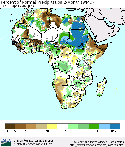 Africa Percent of Normal Precipitation 2-Month (WMO) Thematic Map For 2/16/2021 - 4/15/2021