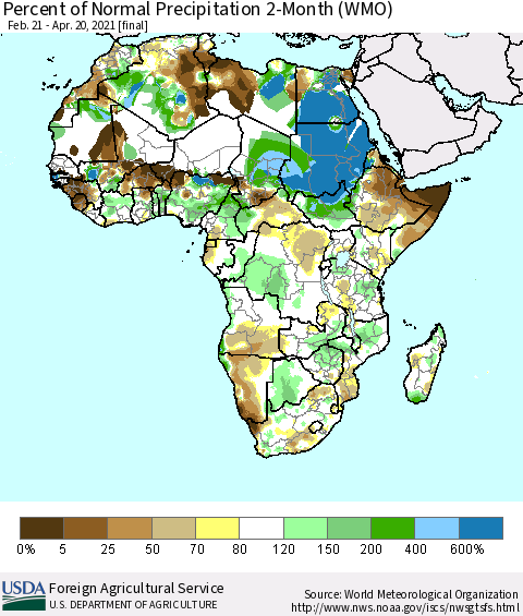 Africa Percent of Normal Precipitation 2-Month (WMO) Thematic Map For 2/21/2021 - 4/20/2021