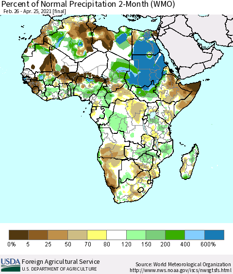 Africa Percent of Normal Precipitation 2-Month (WMO) Thematic Map For 2/26/2021 - 4/25/2021
