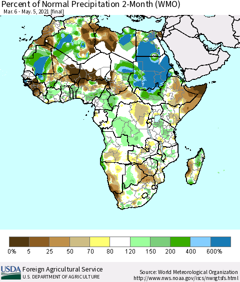 Africa Percent of Normal Precipitation 2-Month (WMO) Thematic Map For 3/6/2021 - 5/5/2021