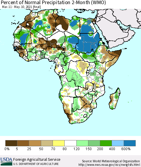 Africa Percent of Normal Precipitation 2-Month (WMO) Thematic Map For 3/11/2021 - 5/10/2021