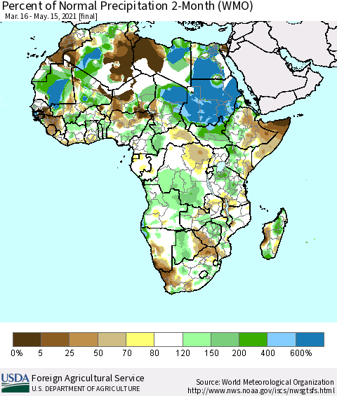 Africa Percent of Normal Precipitation 2-Month (WMO) Thematic Map For 3/16/2021 - 5/15/2021