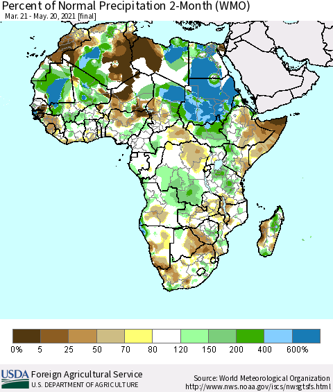 Africa Percent of Normal Precipitation 2-Month (WMO) Thematic Map For 3/21/2021 - 5/20/2021