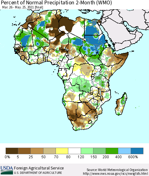 Africa Percent of Normal Precipitation 2-Month (WMO) Thematic Map For 3/26/2021 - 5/25/2021