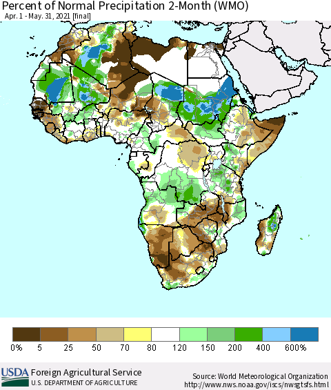 Africa Percent of Normal Precipitation 2-Month (WMO) Thematic Map For 4/1/2021 - 5/31/2021
