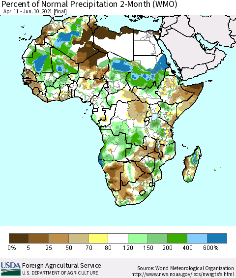 Africa Percent of Normal Precipitation 2-Month (WMO) Thematic Map For 4/11/2021 - 6/10/2021