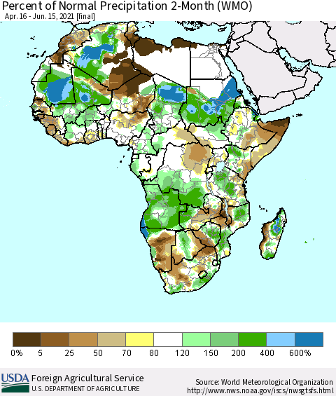 Africa Percent of Normal Precipitation 2-Month (WMO) Thematic Map For 4/16/2021 - 6/15/2021