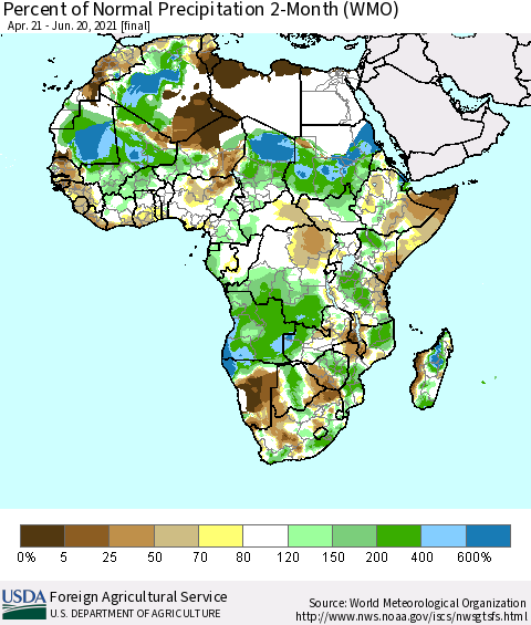 Africa Percent of Normal Precipitation 2-Month (WMO) Thematic Map For 4/21/2021 - 6/20/2021