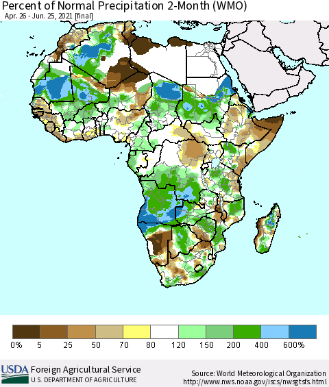 Africa Percent of Normal Precipitation 2-Month (WMO) Thematic Map For 4/26/2021 - 6/25/2021