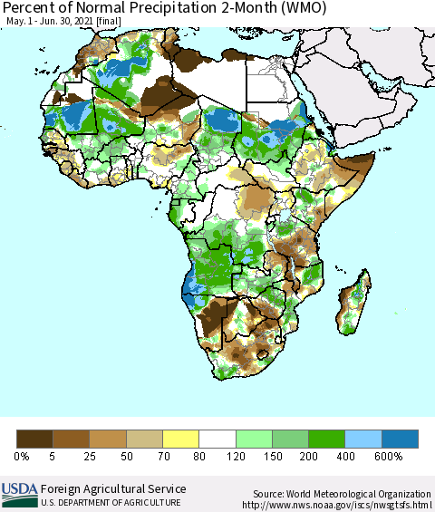 Africa Percent of Normal Precipitation 2-Month (WMO) Thematic Map For 5/1/2021 - 6/30/2021