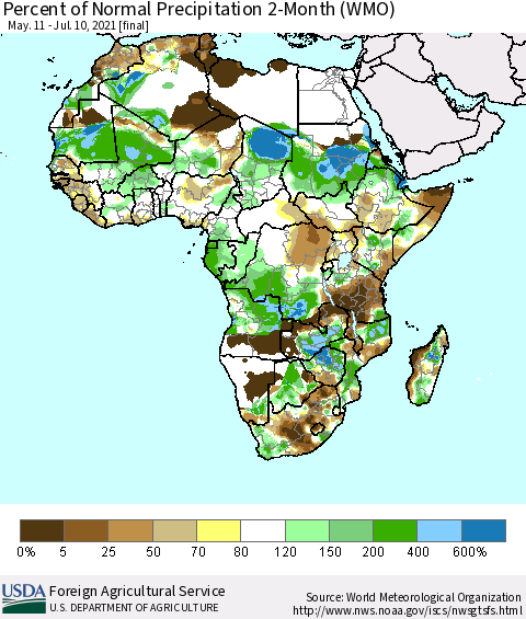 Africa Percent of Normal Precipitation 2-Month (WMO) Thematic Map For 5/11/2021 - 7/10/2021