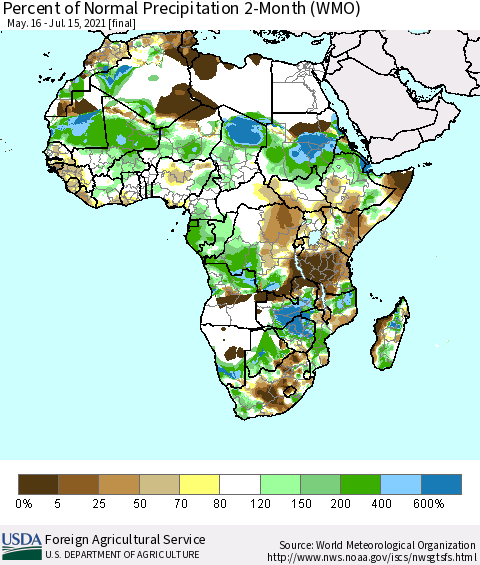 Africa Percent of Normal Precipitation 2-Month (WMO) Thematic Map For 5/16/2021 - 7/15/2021