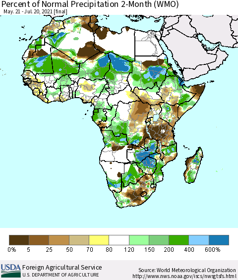 Africa Percent of Normal Precipitation 2-Month (WMO) Thematic Map For 5/21/2021 - 7/20/2021